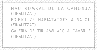 NAU KOMKAL DE LA CANONJA (FINALITZAT)
EDIFICI 25 HABIATATGES A SALOU (FINALITZAT)
GALERIA DE TIR AMB ARC A CAMBRILS (FINALITZAT)
